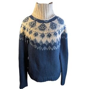 Lucky Brand Fair Isle Turtleneck Sweater Blue Cream Knit Cozy Winter Size XS